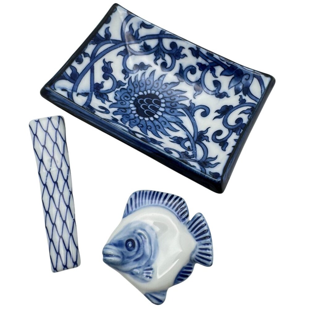 Japanese Style Blue White Porcelain Sushi Set Soy Dish Fish & Chopstick Rest